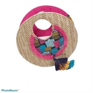 Round basket weave clutch purse with tassels